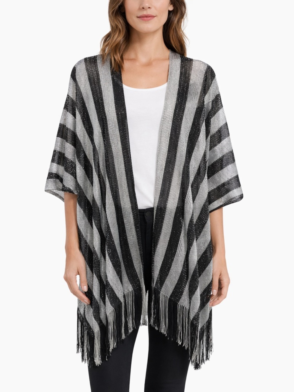 Kendall‎ & James Metallic Silver Black Striped Fringe Kimono Wrap One Size NWT